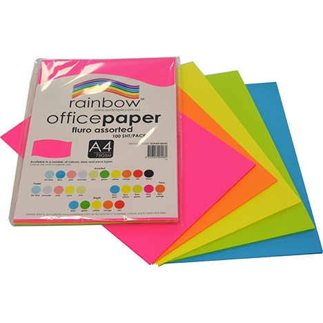 Rainbow Office Paper Fluro Assorted Colours A4, 75gsm, Pk100sh